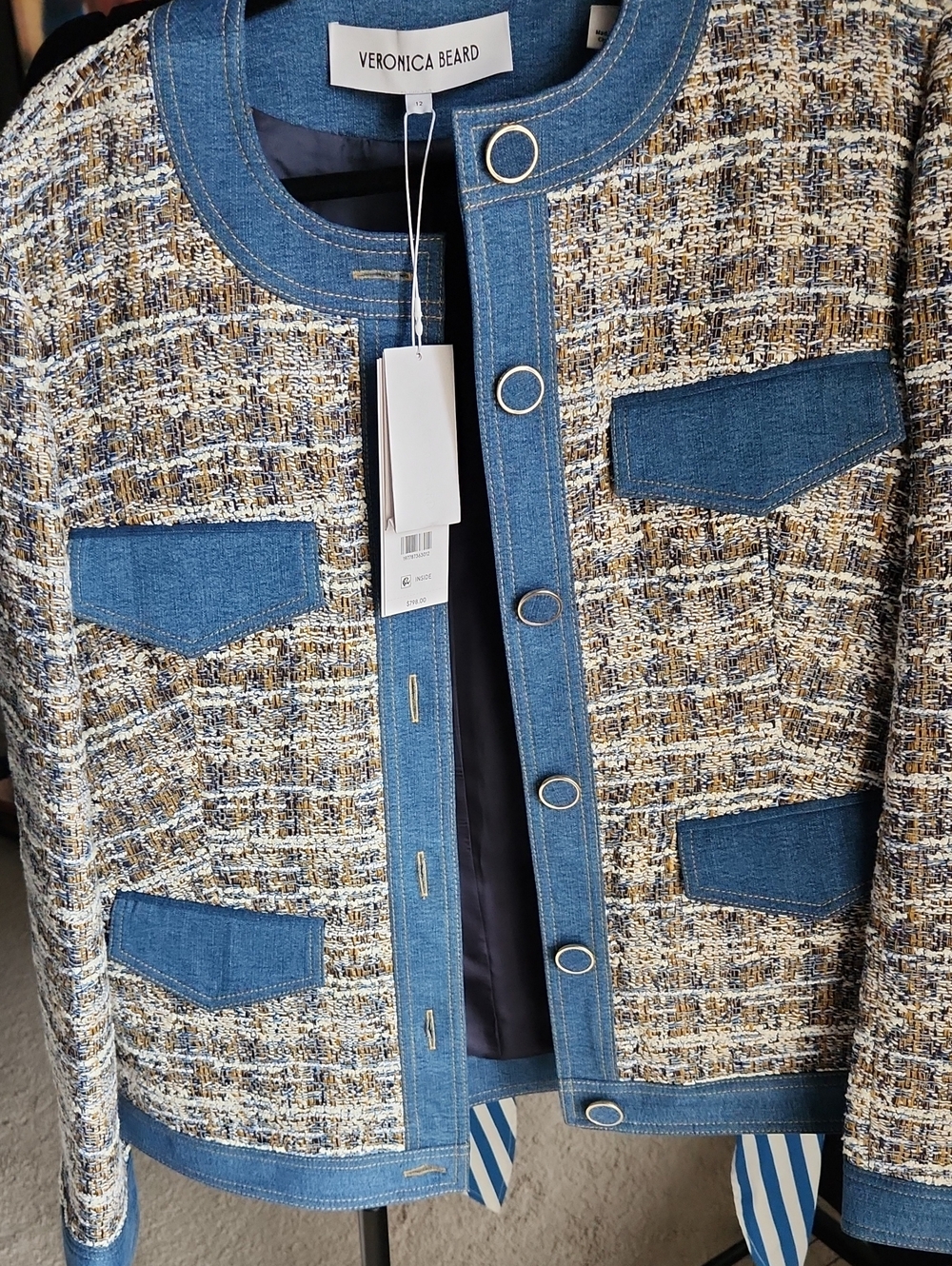 Veronica Beard Blue Denim-Trim Tweed Jacket with Beige & Gold Hues